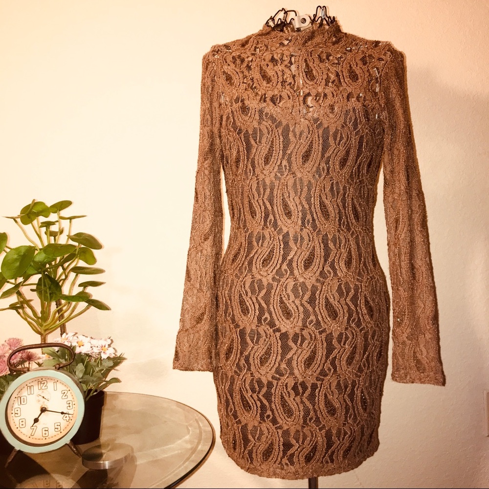 Brown Lace Long Sleeve Dress